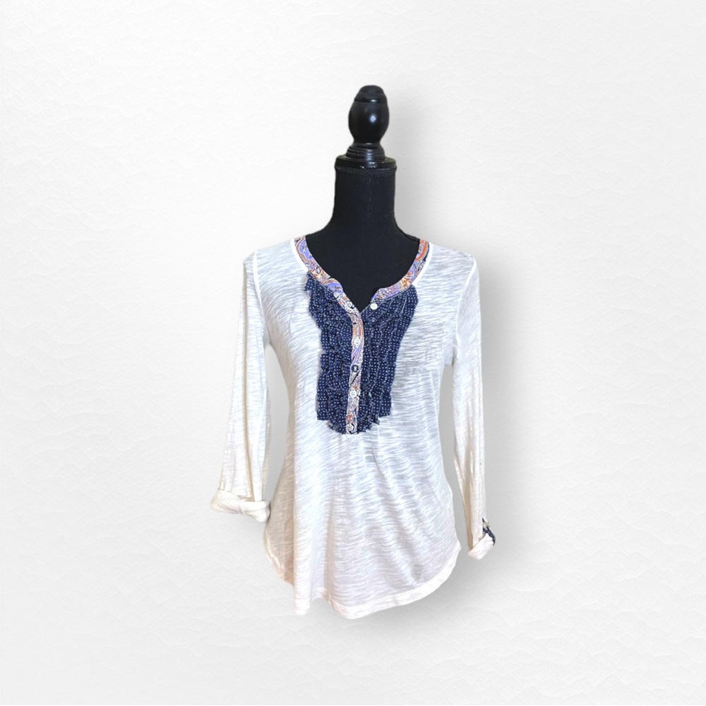 Anthropologie Postmark Ruffle Flare Henley Top with Polka Dot and Paisle…